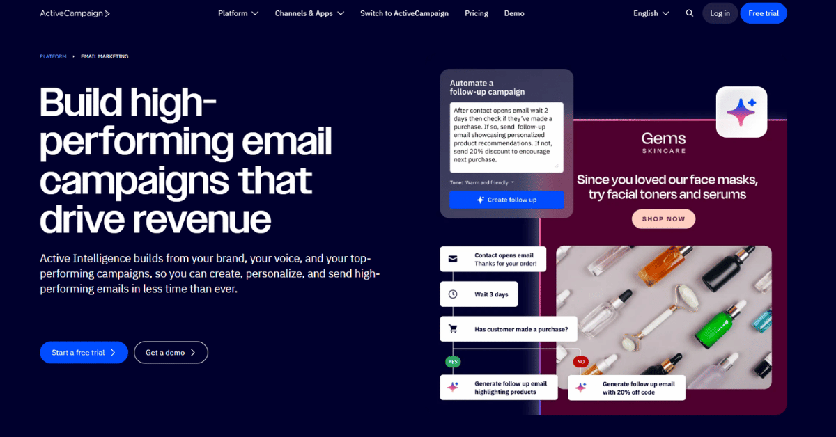 ActiveCampaign screenshot: follow-up automation flow, email opened, wait 3 days, purchase check branches into two emails.