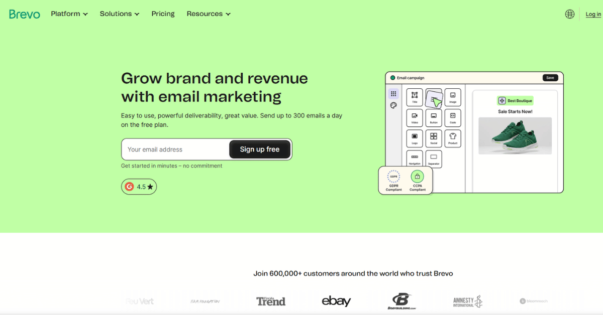 Brevo product view of its email campaign tools, where plans price by monthly send volume rather than by contact count