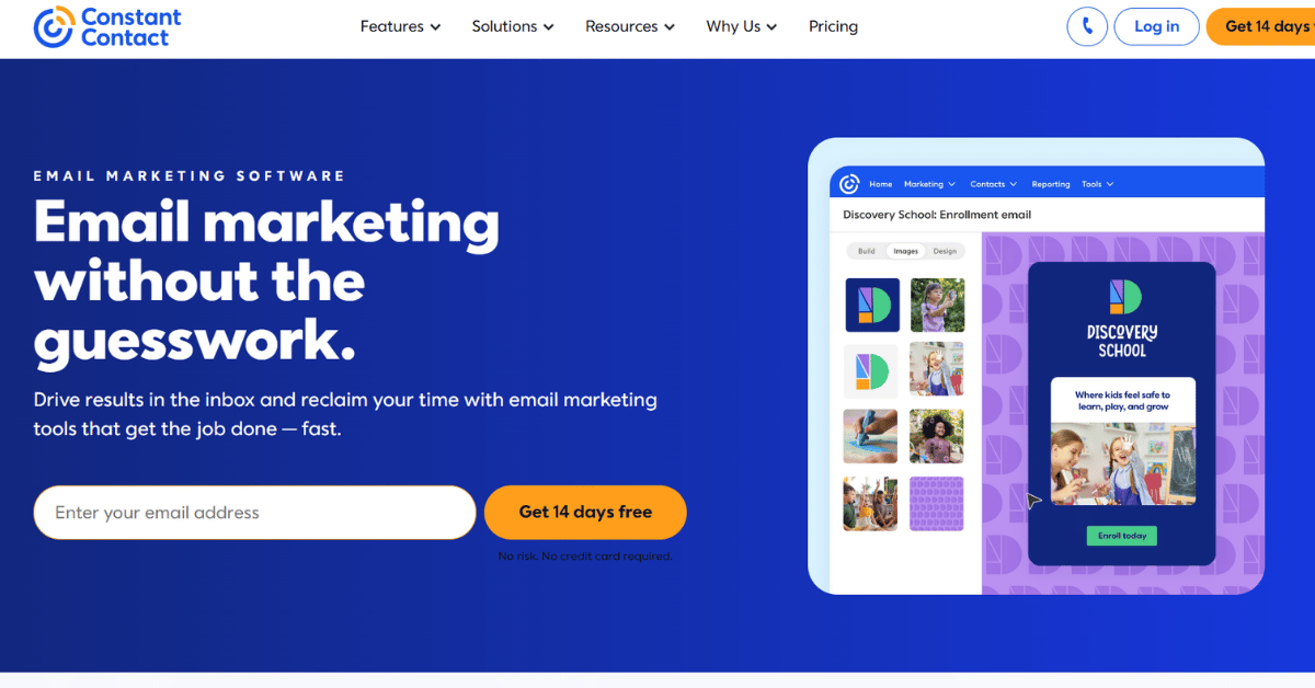 Screenshot of Constant Contact's homepage showing the headline, email signup field, and an email builder preview panel.