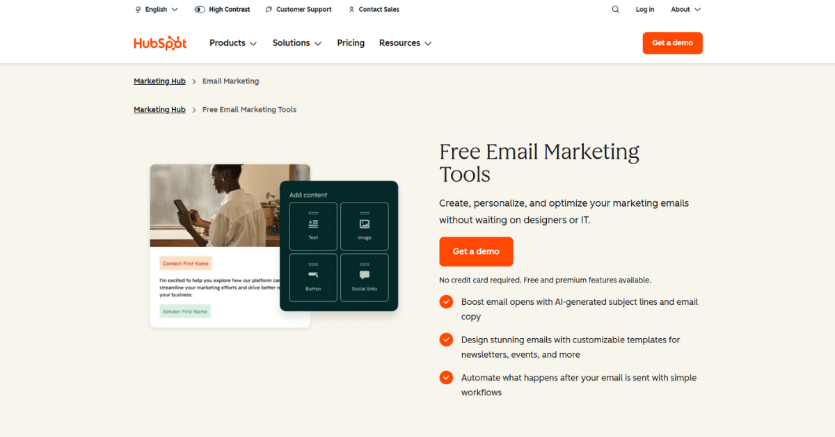 Screenshot of HubSpot's Free Email Marketing Tools page showing an email builder Add content panel with four block types.
