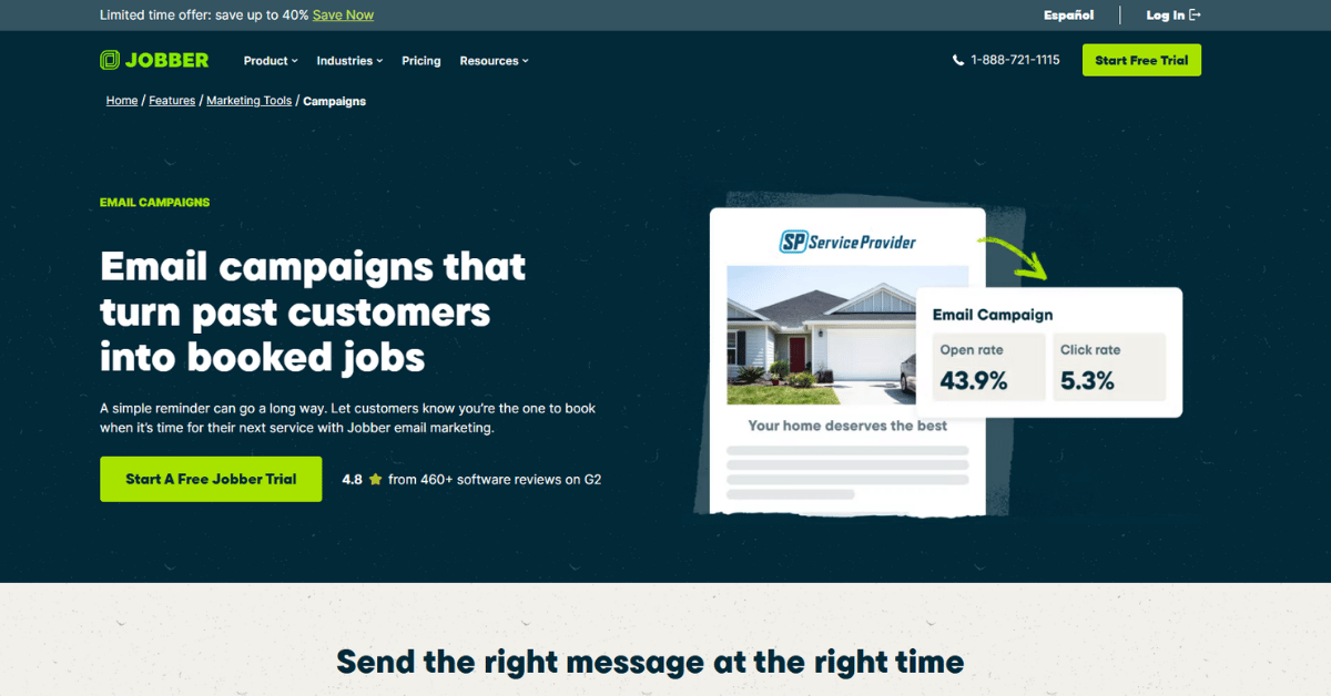 Jobber email campaigns landing page showing a sample email card with open rate 43.9% and click rate 5.3%