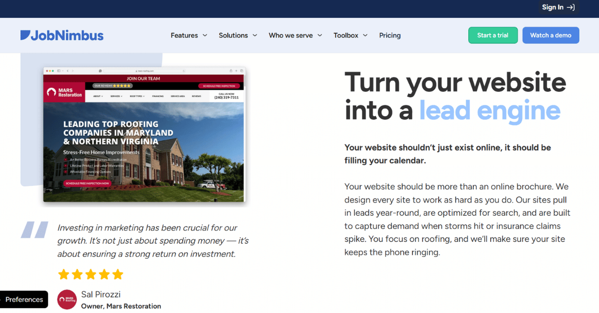JobNimbus web page showing a roofing contractor site built on its platform with project tracking features behind it