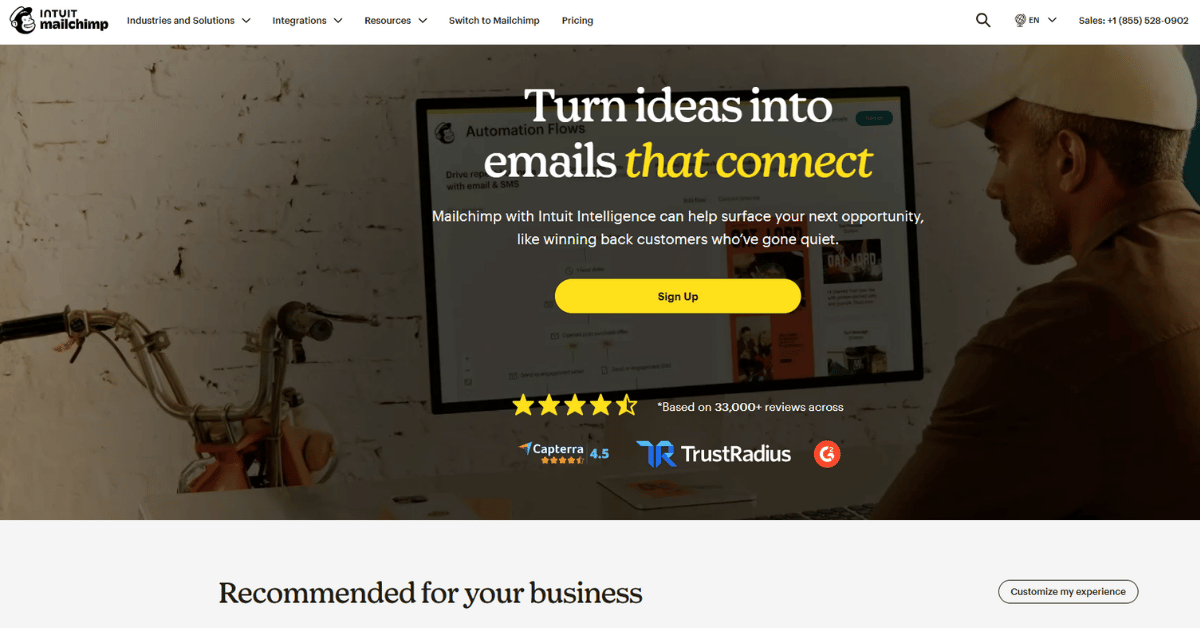Mailchimp email marketing page presenting its campaign tools with industry review badges beside the signup options