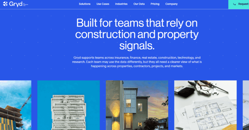 Gryd website homepage screenshot showing nav menu, headline on construction and property signals, and stock photo thumbnails