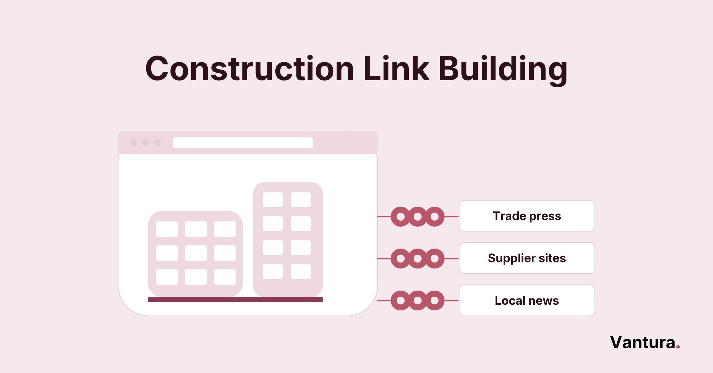 Construction link building illustration showing a tower crane lifting a steel beam on a chain of links
