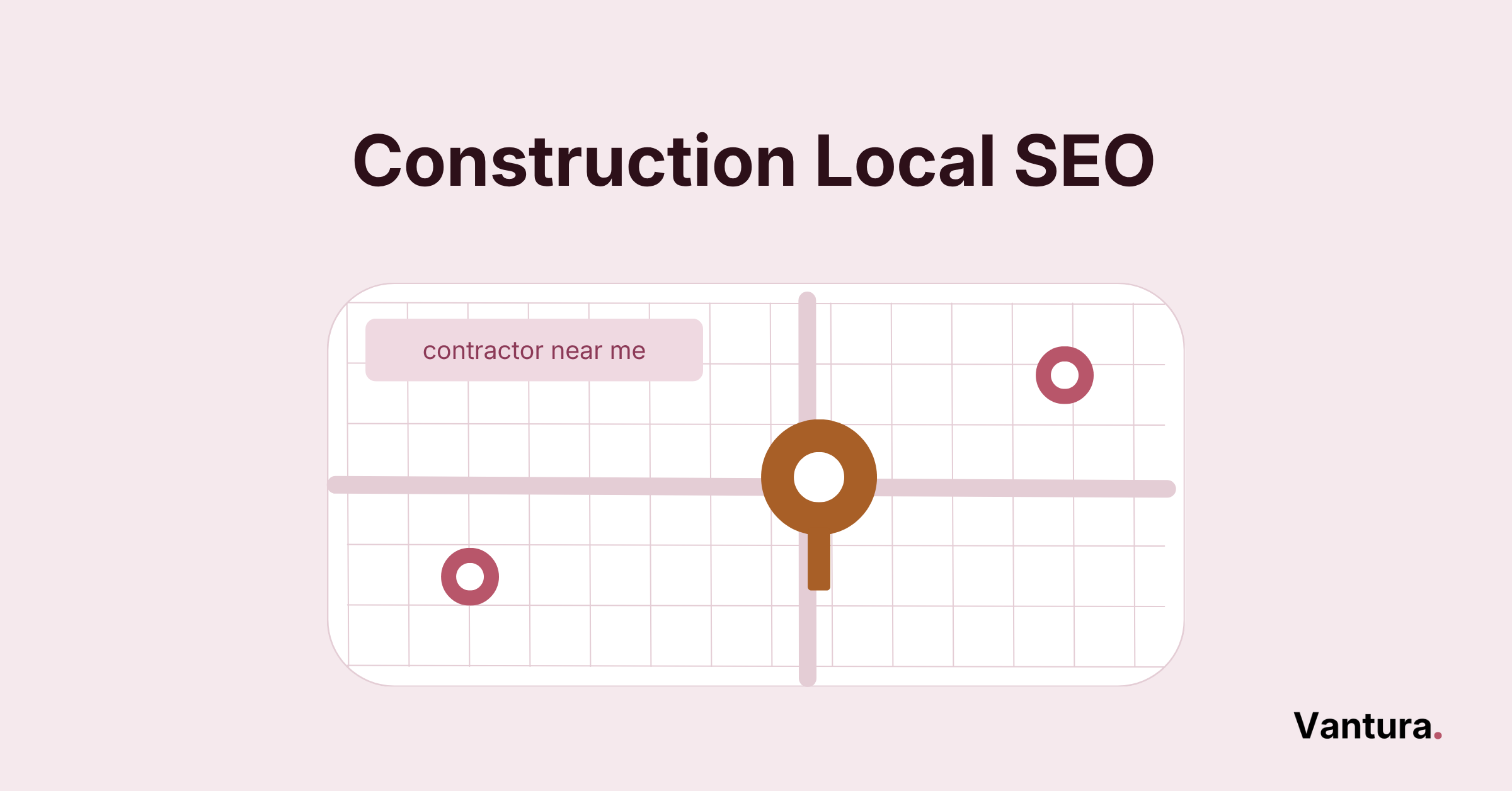 Construction local SEO thumbnail with a contractor house on a blueprint grid and a copper map pin planted beside it
