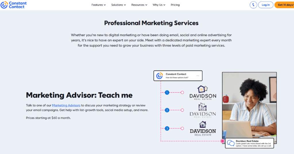 Constant Contact Marketing Advisor page where an advisor reviews three logo options with a real estate client over chat