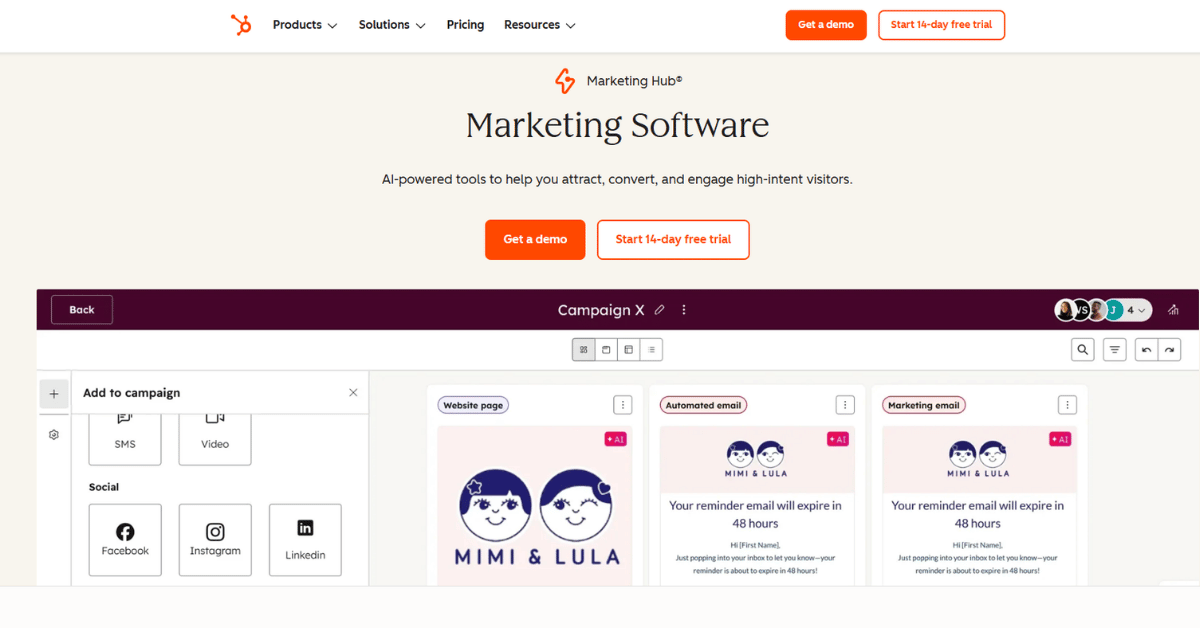 HubSpot Campaign X screen showing three AI-tagged assets: website page, automated email, marketing email