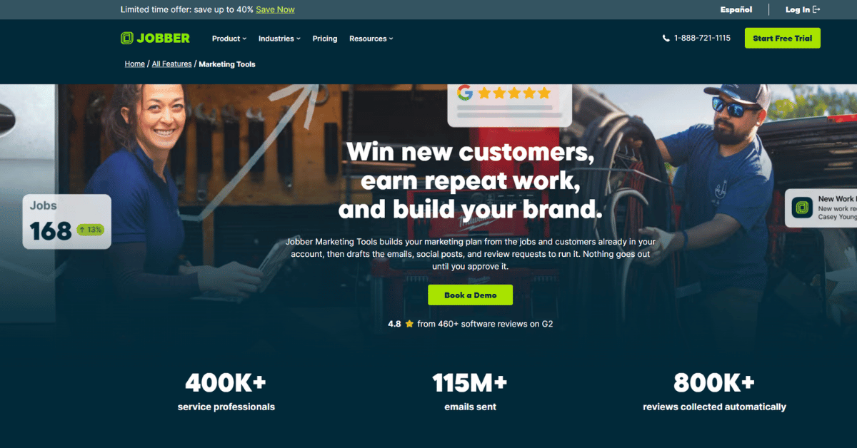 Jobber website header and hero introducing its field service platform with quoting, scheduling, and invoicing tools
