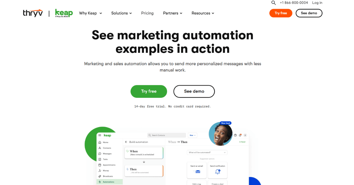 Keap platform view combining contact records, sales pipeline stages, and automated follow up in one working screen
