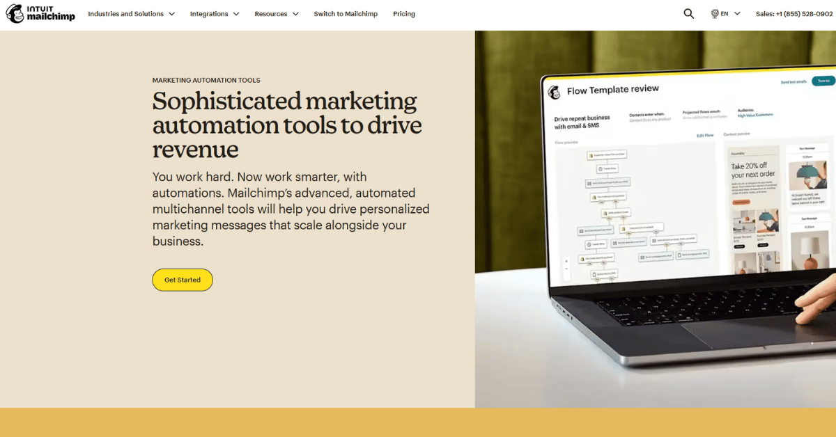 Mailchimp site screenshot: Flow Template review builder with flow chart nodes and a 20% off order email preview.