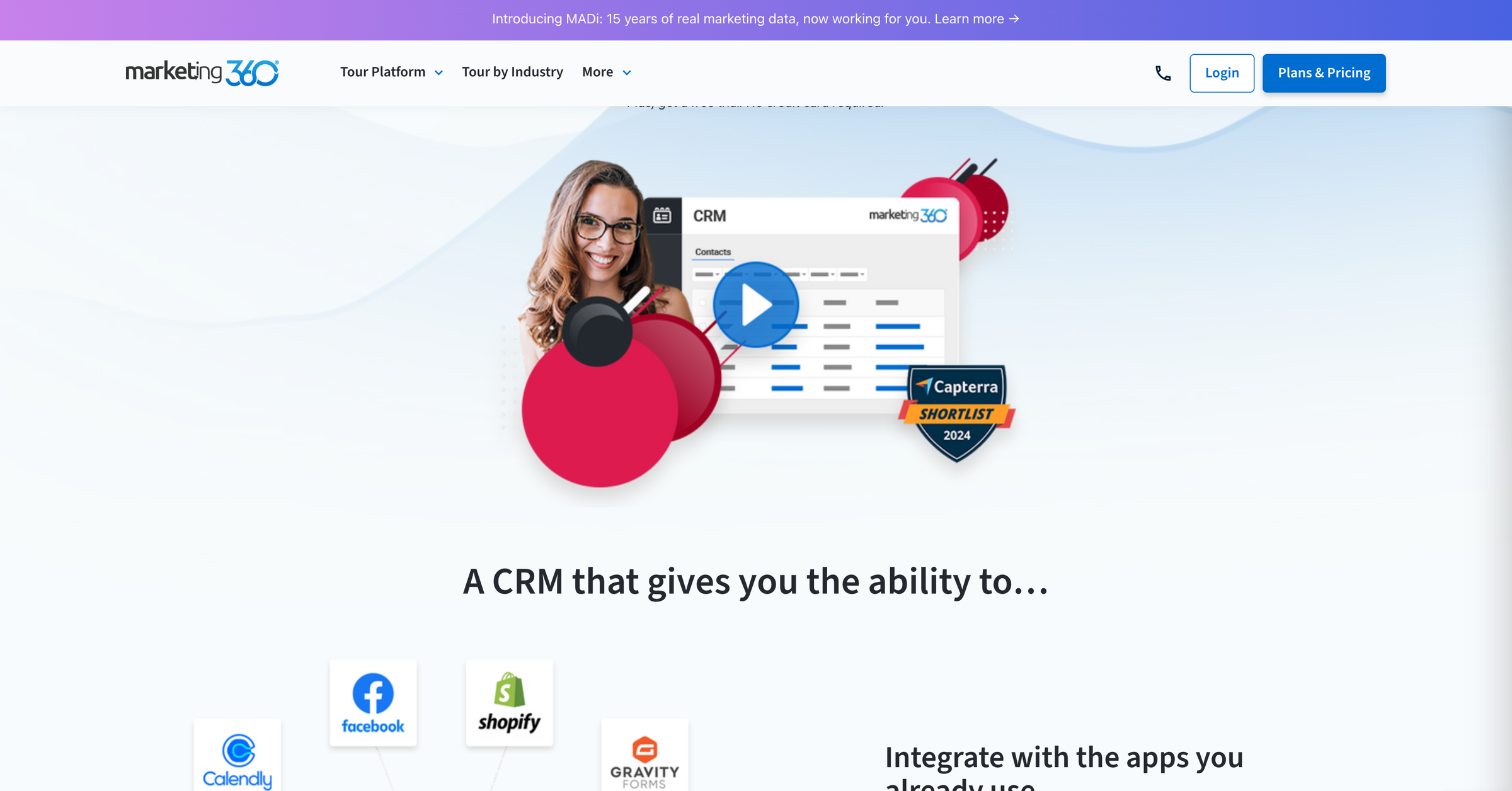 Marketing 360 CRM tour page showing the contacts interface preview and integration options for small business teams