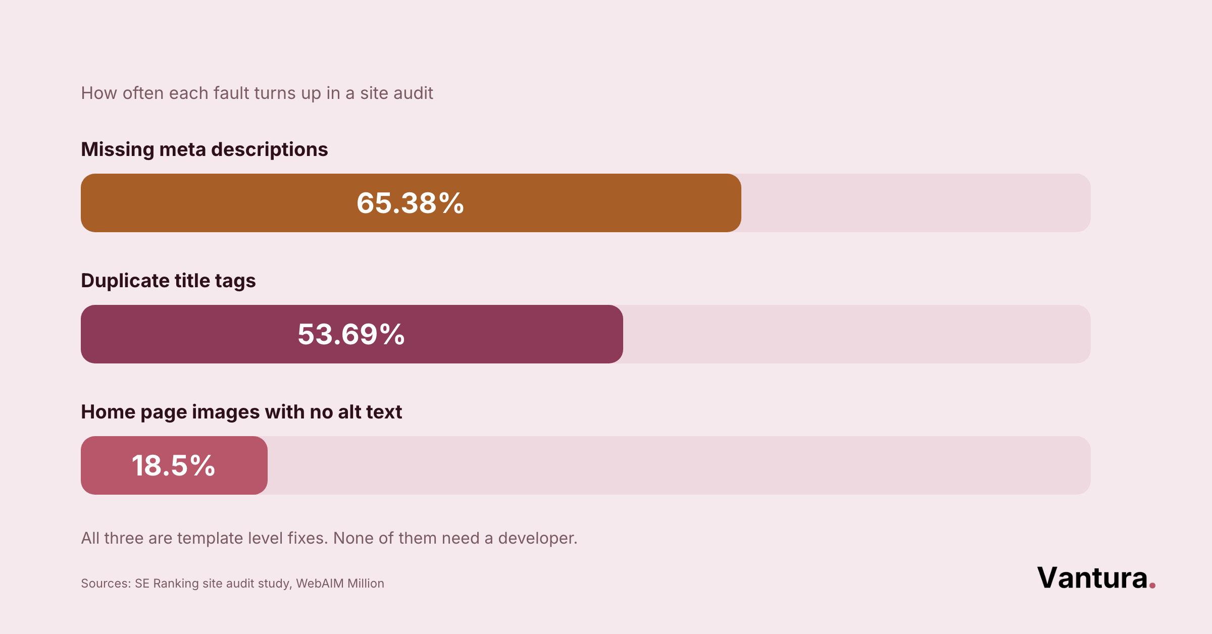 Bar chart: missing meta descriptions 65.38%, duplicate title tags 53.69%, home page images no alt text 18.5%