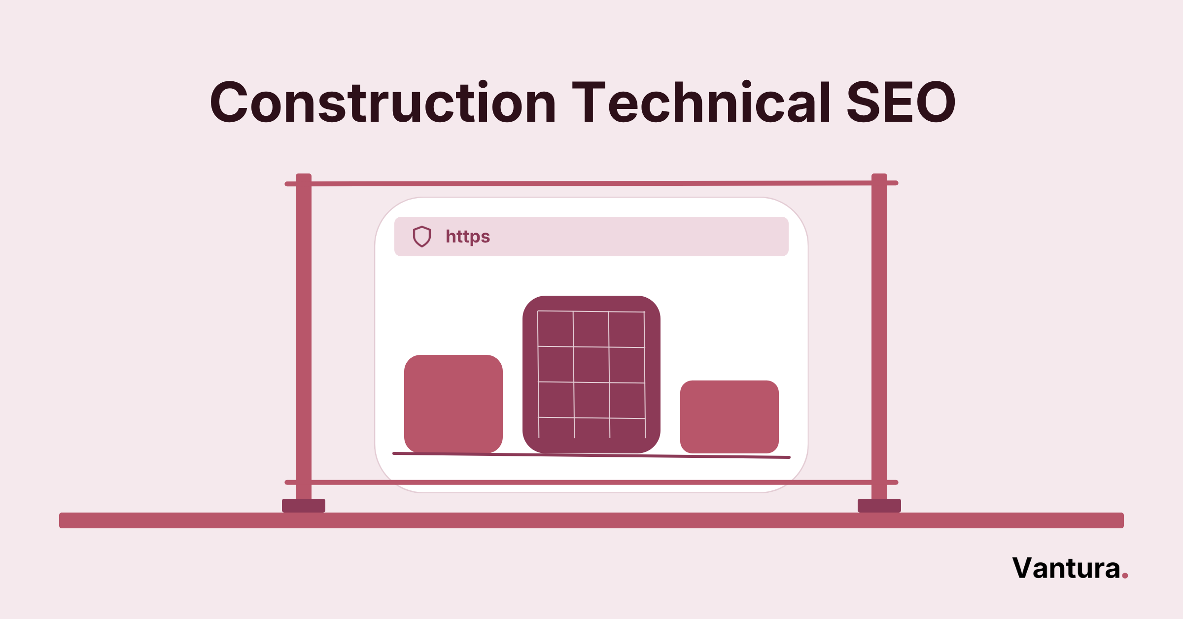 Construction technical SEO featured image showing a skyline above a grade line and foundation piles below the slab
