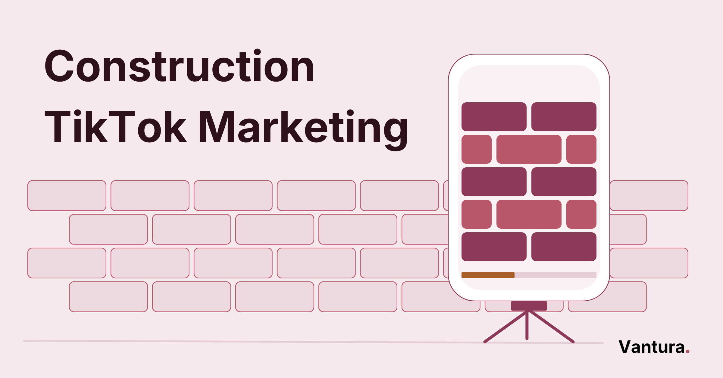 Construction TikTok marketing thumbnail: a phone on a tripod filming a brick wall going up on a jobsite
