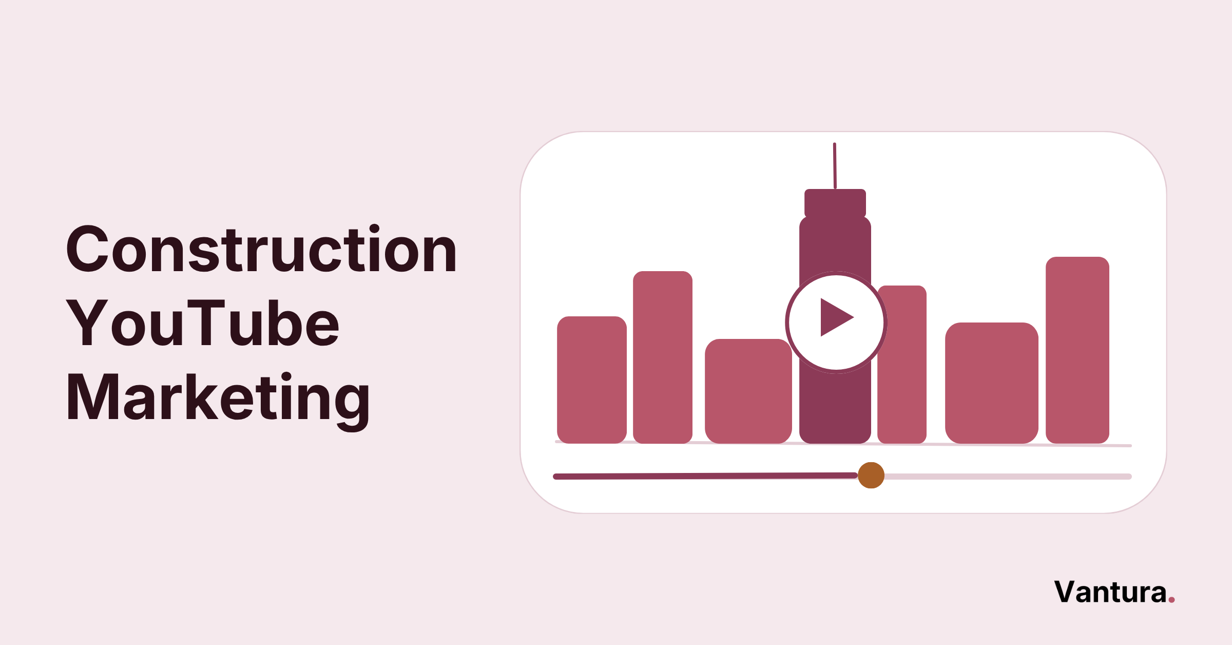 Construction YouTube marketing thumbnail showing a video player framing a jobsite skyline with a play overlay