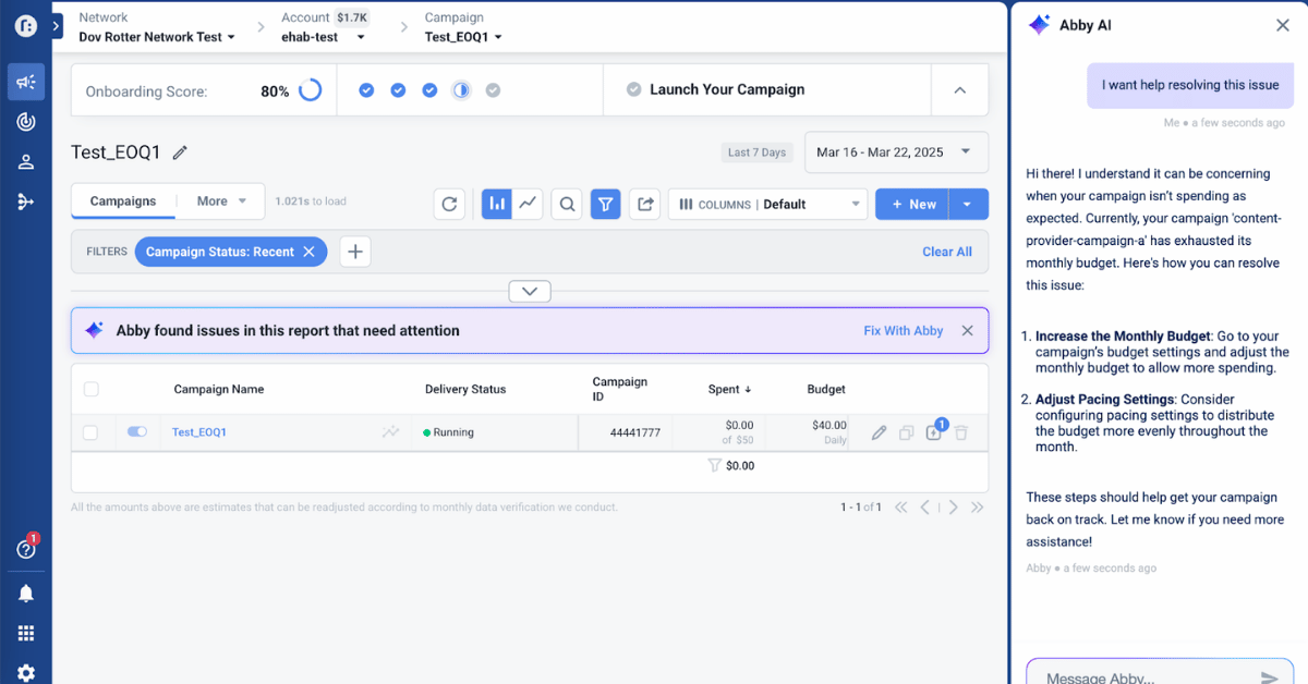 Taboola dashboard shows Abby AI chat panel giving budget and pacing fix steps for a stalled Test_EOQ1 campaign