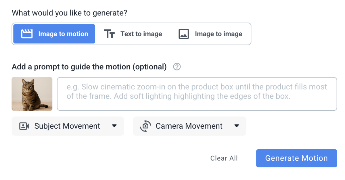 Image to motion panel with a motion prompt field, placeholder example prompt text, and subject and camera movement dropdowns