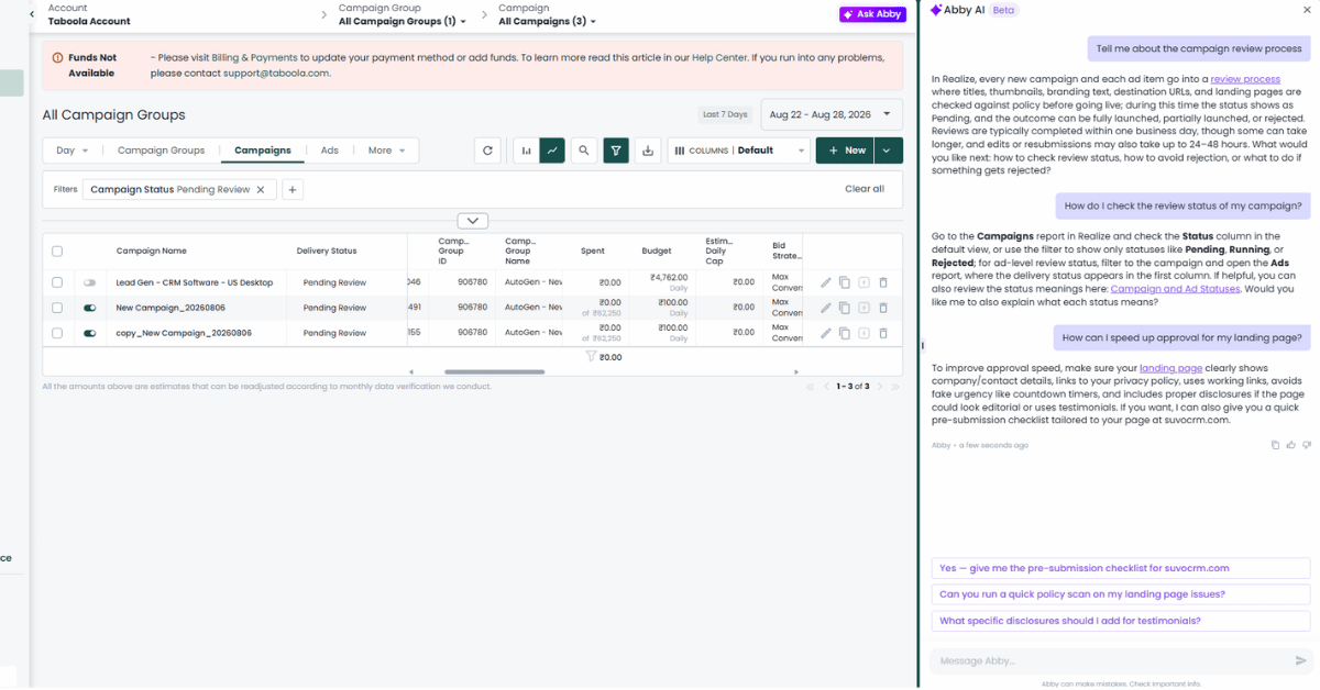 Realize campaign table with three campaigns marked Pending Review beside the Abby AI chat panel discussing review status.