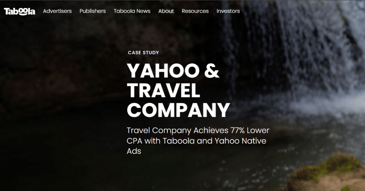Taboola's case study titled Yahoo and Travel Company, noting lower cost per acquisition from Taboola and Yahoo Native Ads.
