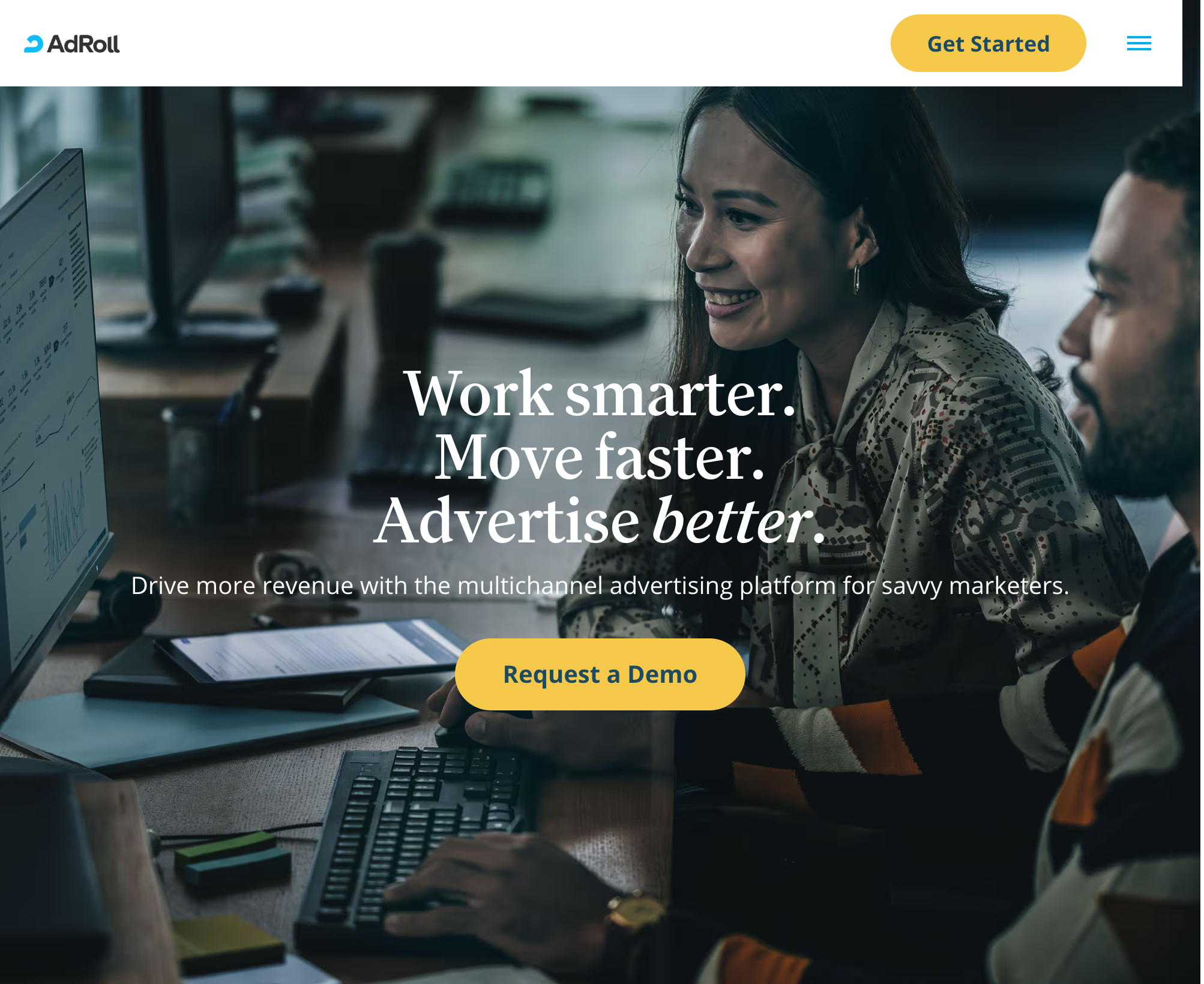AdRoll website header and hero banner introducing its digital advertising platform for ecommerce marketing teams