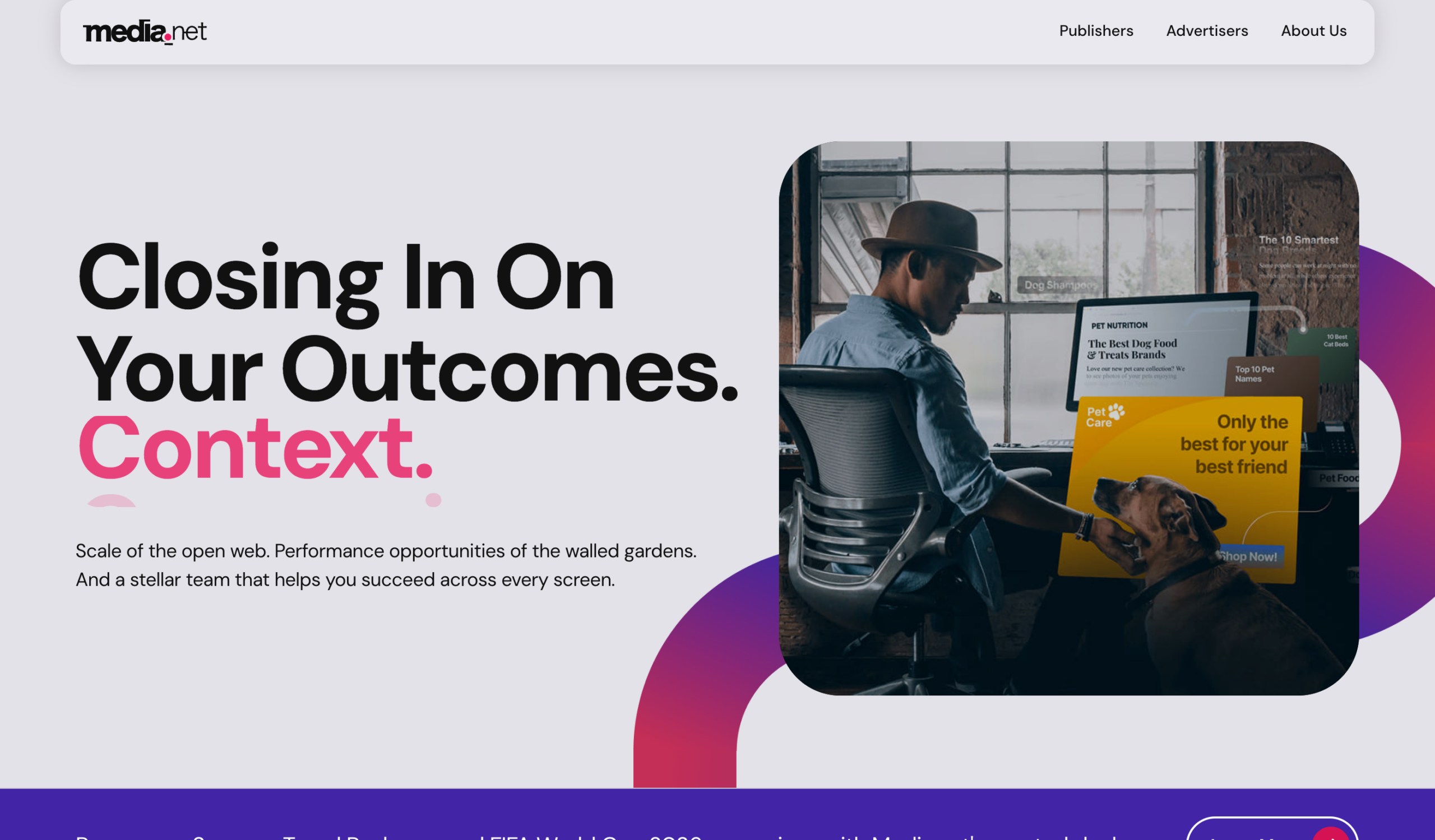 Media net website header and hero describing its contextual advertising marketplace for publishers and advertisers