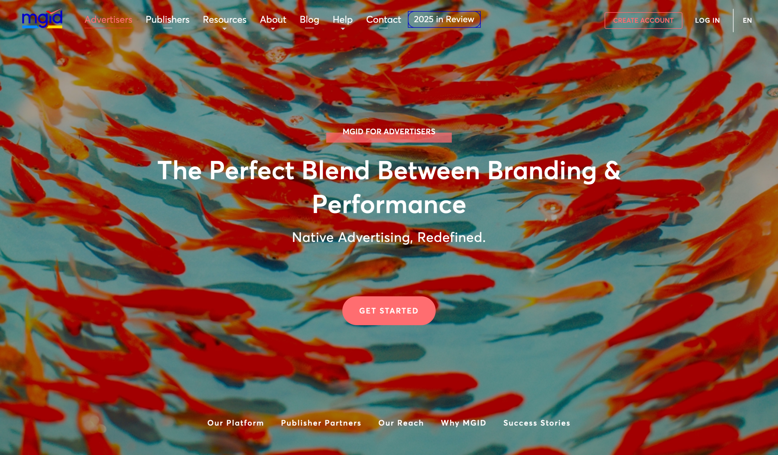 MGID website header and hero introducing its global native advertising platform for performance focused advertisers