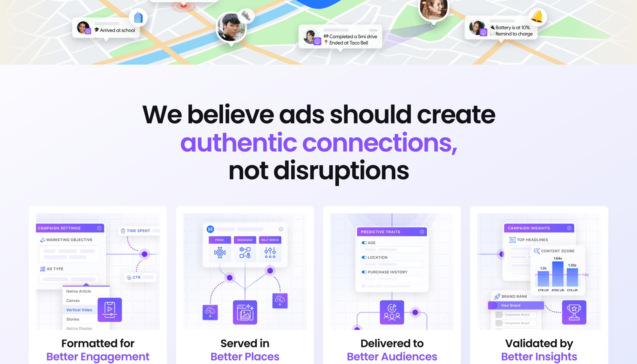 Nativo advertiser platform overview cards covering campaign settings, ad formats, audience traits, and campaign insights