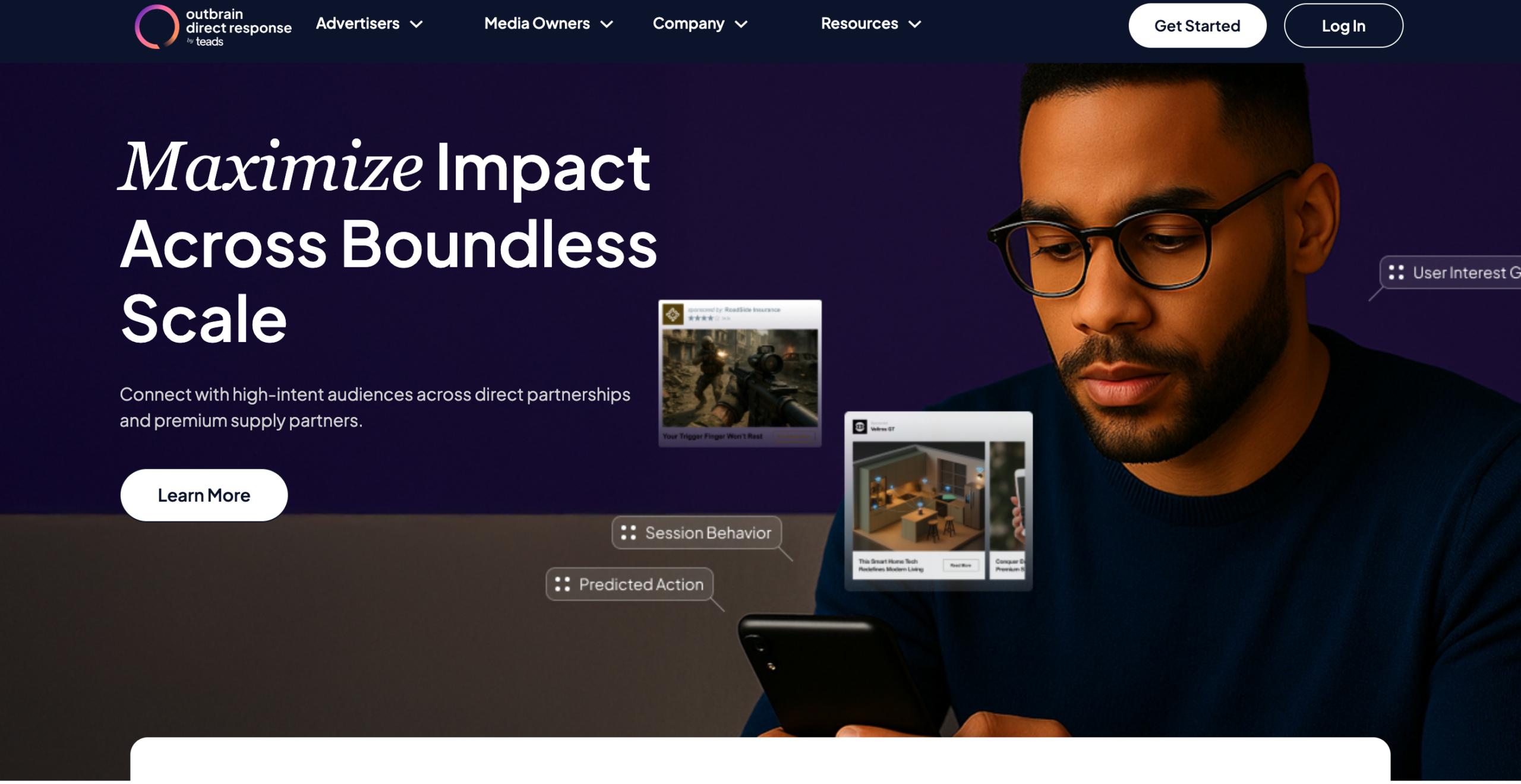 Outbrain website header and hero section introducing its native discovery platform for advertisers on premium publisher sites