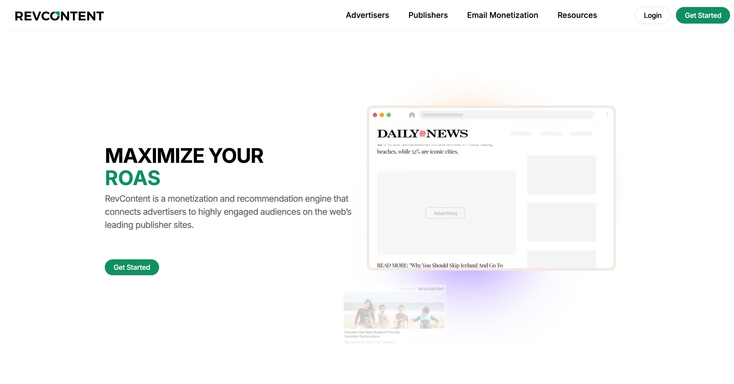 RevContent platform page showing its native ad widget styles and publisher network positioning for performance advertisers