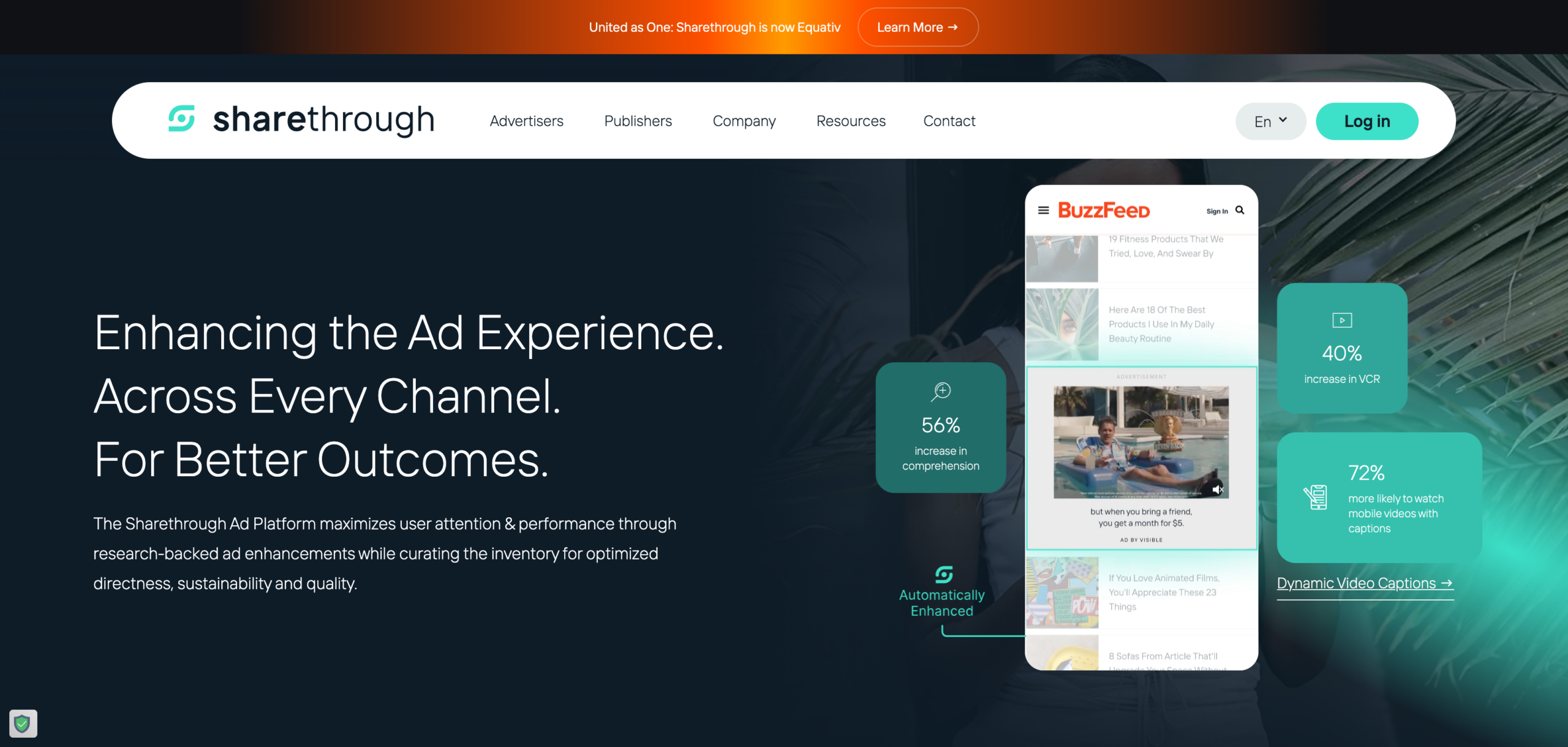 Sharethrough web page hero with a BuzzFeed native ad mockup and performance metrics beside its omnichannel exchange pitch