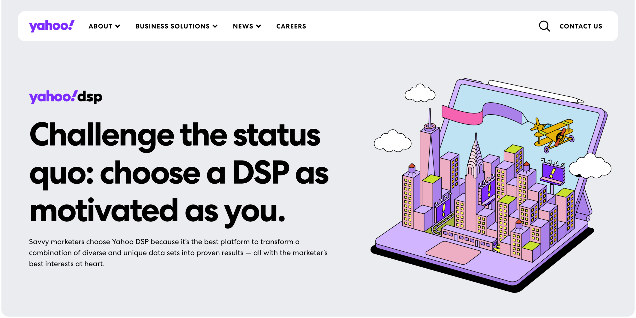 Yahoo advertising website header and hero banner promoting its ad platform for advertisers and media buyers