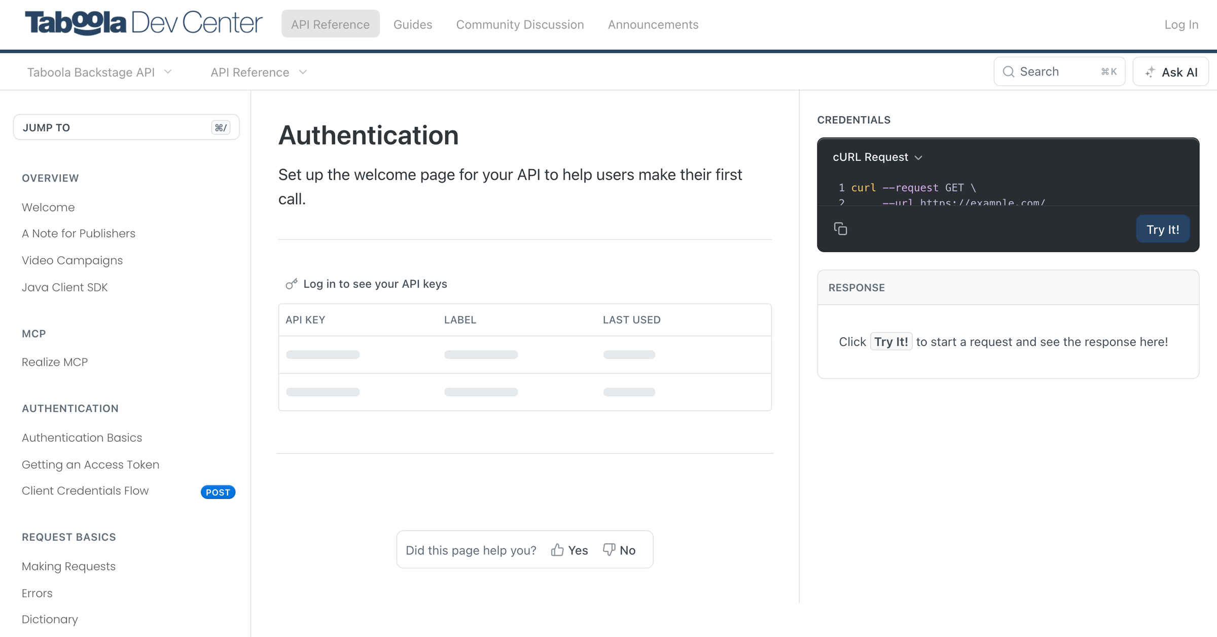 Taboola Dev Center Authentication page showing API Reference sidebar with Client Credentials Flow POST endpoint listed