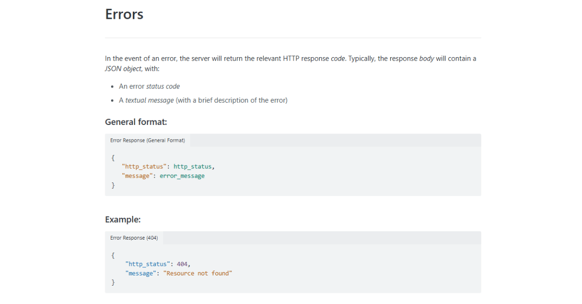 Taboola API Errors page showing the JSON error format with http_status and message fields, and a 404 example.