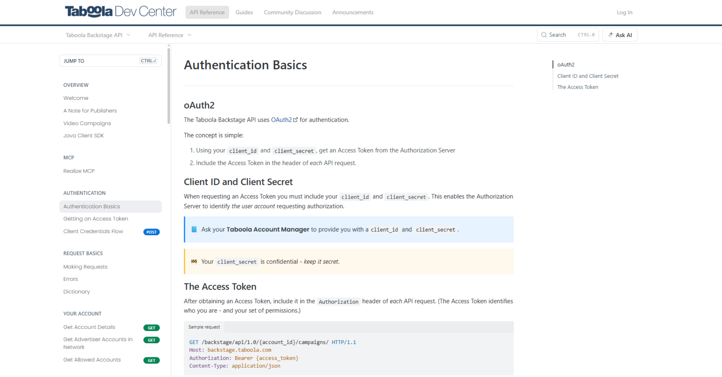 Taboola API doc showing OAuth2 steps: get access token with client_id/secret, then send it in each request header