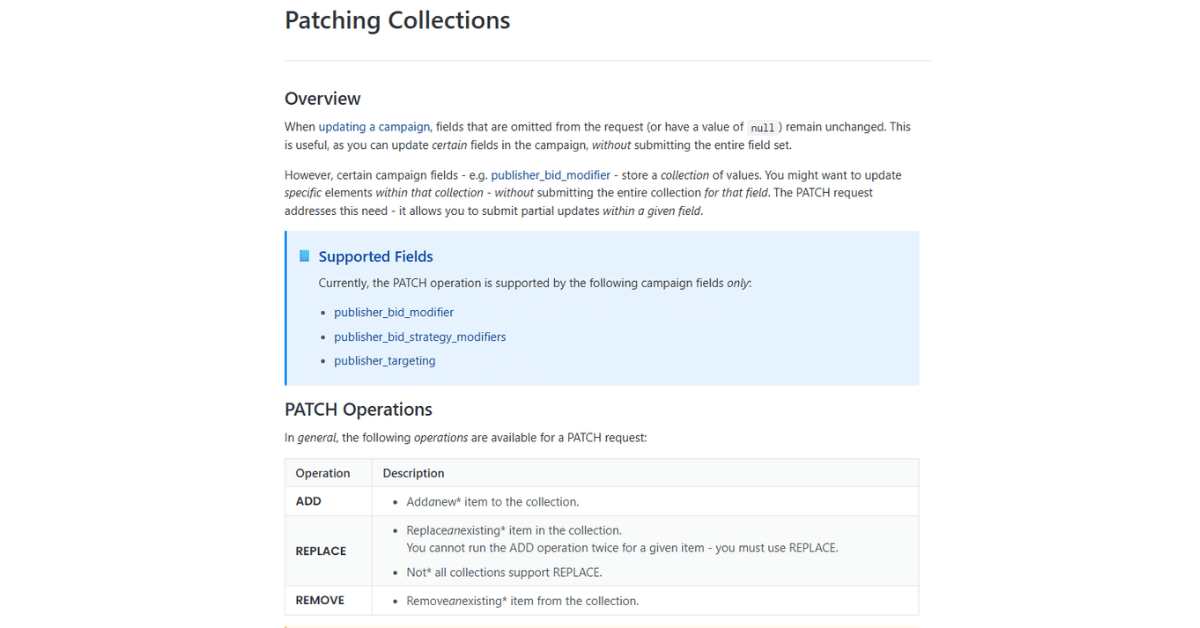 Taboola API patching collections reference showing supported fields and the add, replace, and remove patch operations