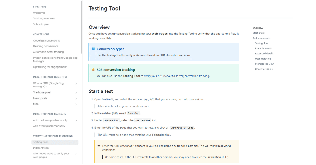 Taboola Testing Tool doc page: blue Conversion Types box, green S2S Tracking box, and four Start a Test steps.