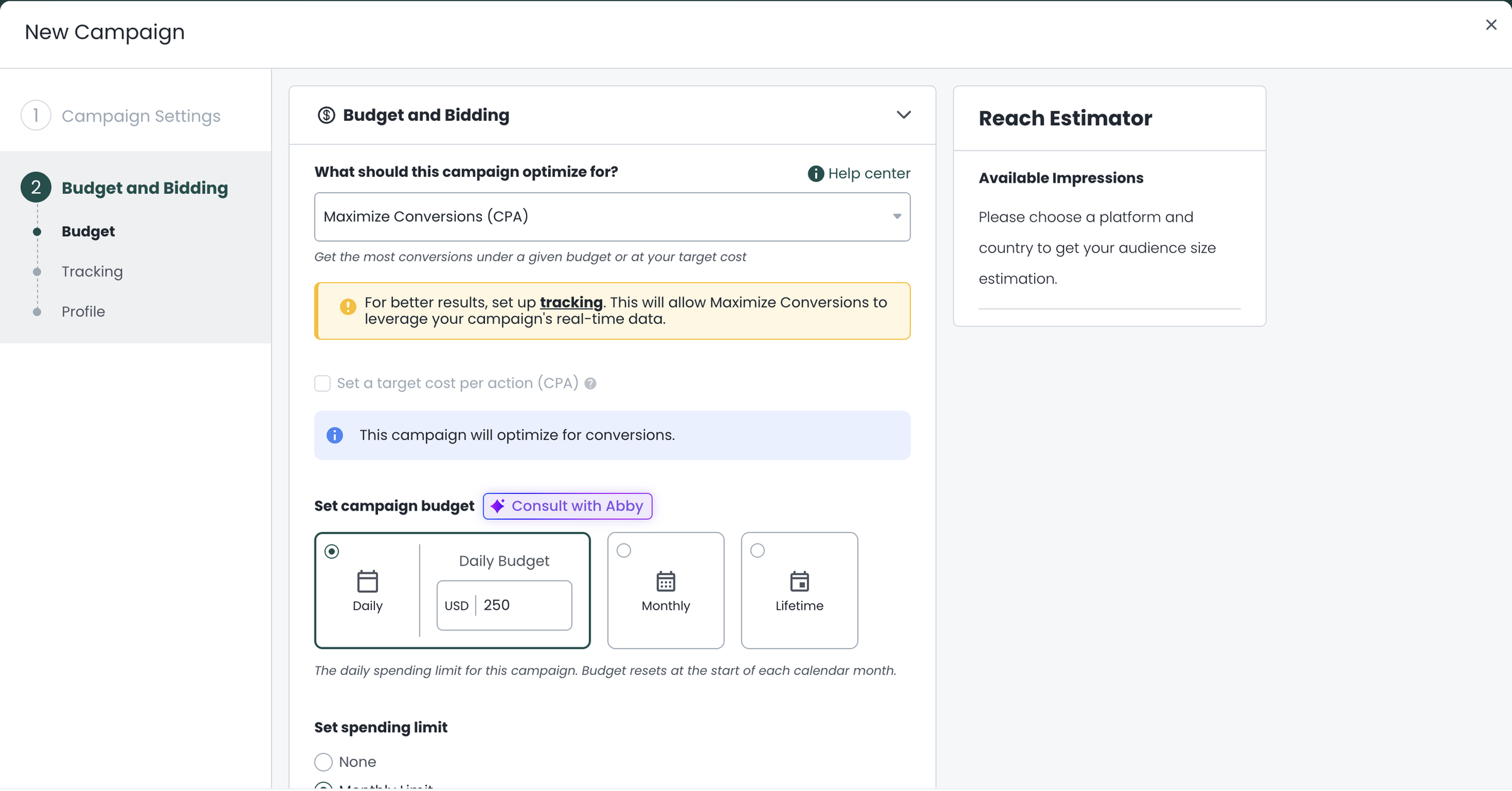 Taboola campaign setup showing Budget and Bidding step with Maximize Conversions CPA and a $250 daily budget field