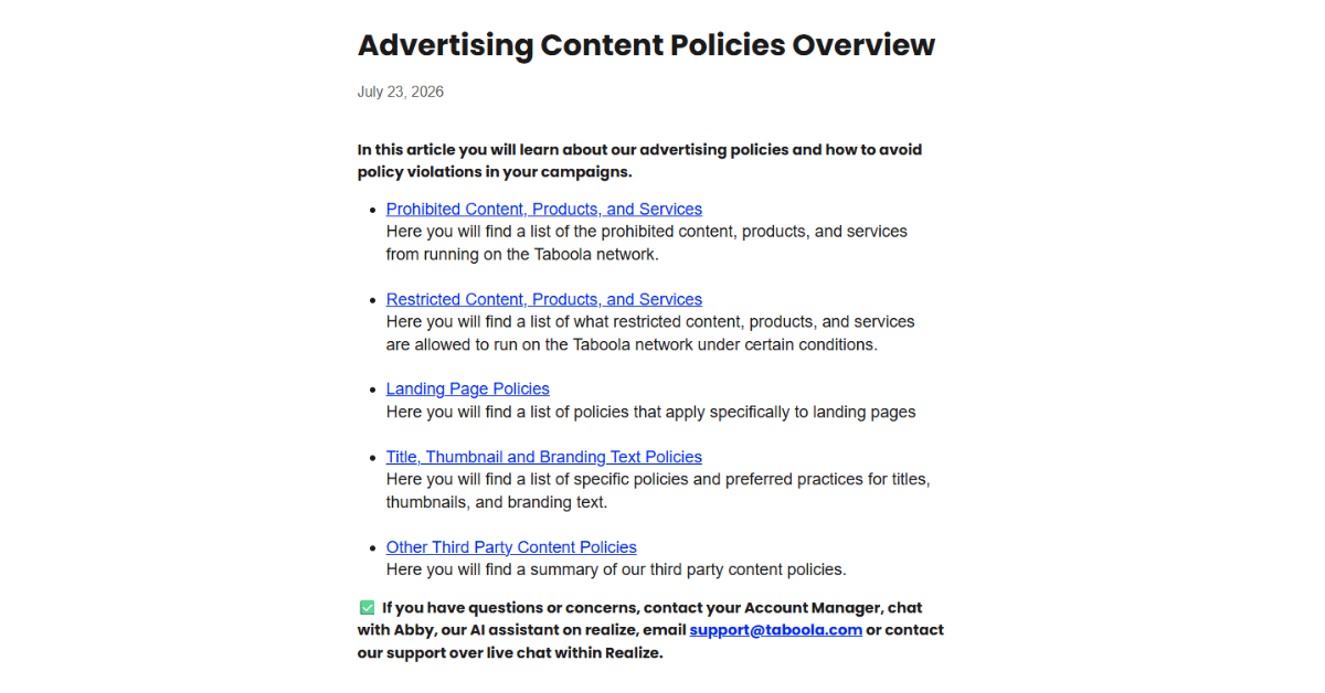Taboola's Advertising Content Policies Overview lists five linked policy categories and contact options for questions.