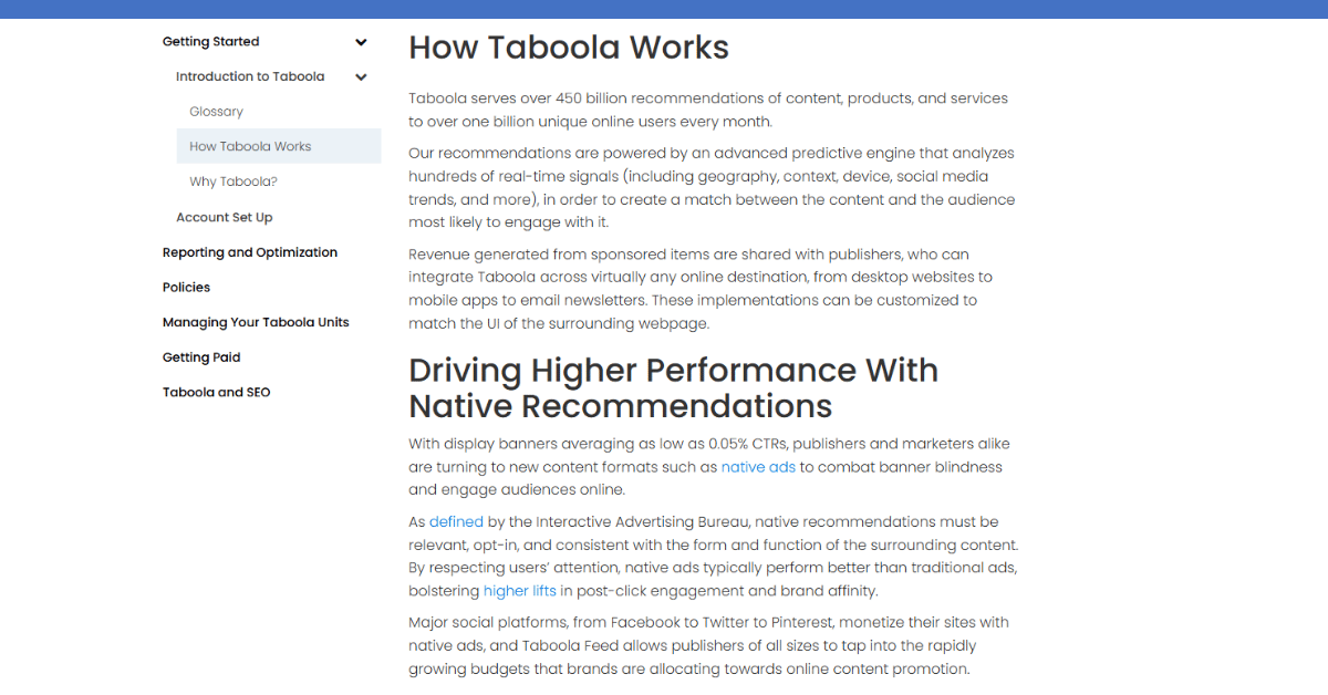 Taboola's help center article How Taboola Works, with a sidebar menu of topics beside paragraphs on native ad performance
