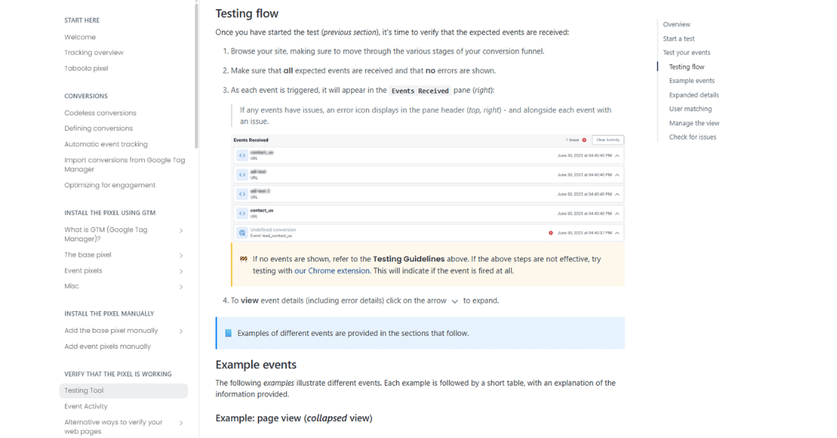 Screenshot of a pixel testing flow doc showing an Events Received panel with dated events and one undefined-conversion error