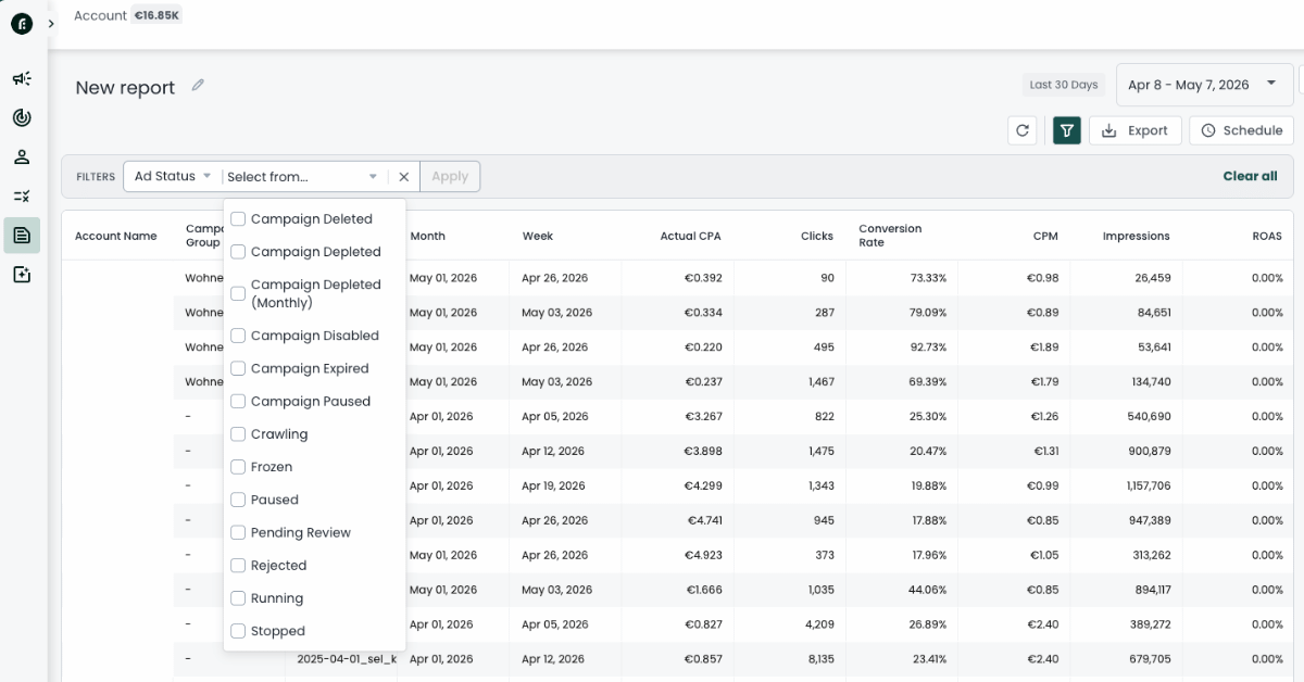 Taboola New report with the Ad Status filter open, showing Running, Paused, Rejected checkboxes above a metrics table.