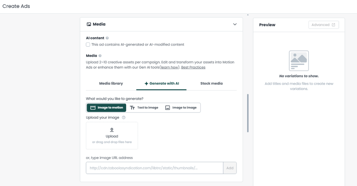 Taboola's Media panel with Generate with AI open, Image to motion selected, an upload box, and an empty preview panel.