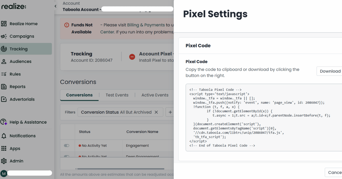 Taboola Realize Pixel Settings panel showing the pixel code snippet and account ID 2086047, next to a Conversions table.