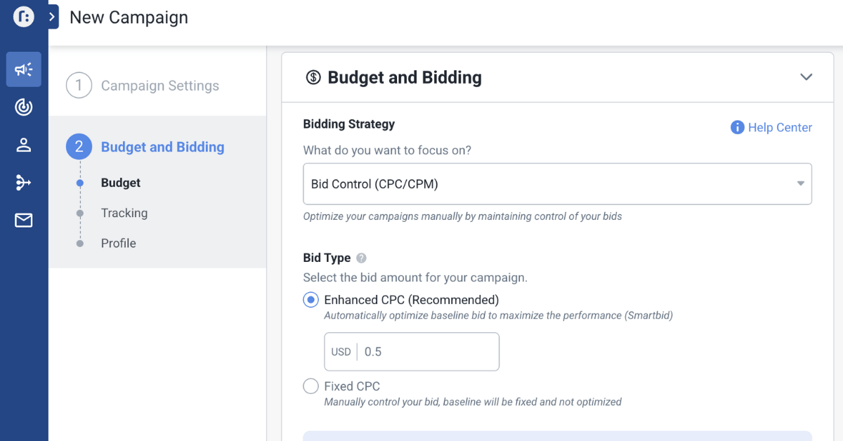 Taboola campaign setup showing Budget and Bidding step with Bid Control strategy and Enhanced CPC baseline bid of USD 0.50