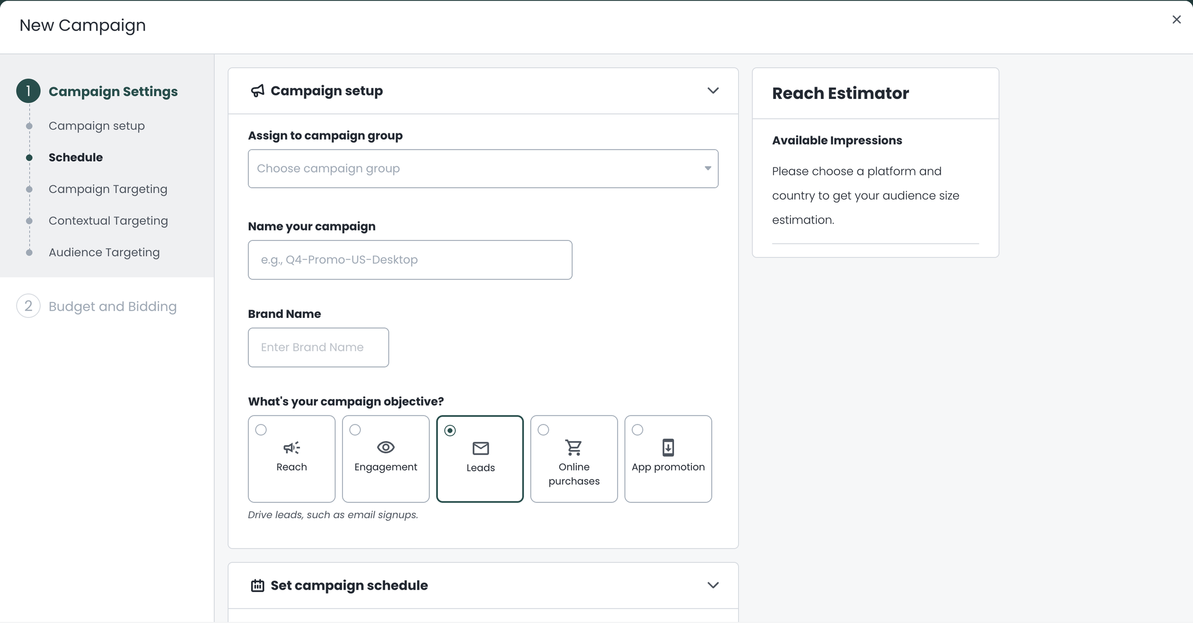 Taboola New Campaign wizard: five objective icons, Reach, Engagement, Leads (selected), Online purchases, App promotion.