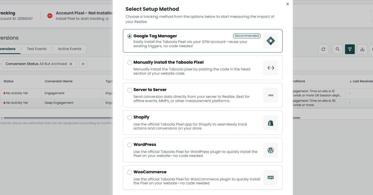 Taboola pixel setup modal listing six install methods, Google Tag Manager marked Recommended above Shopify and WooCommerce.