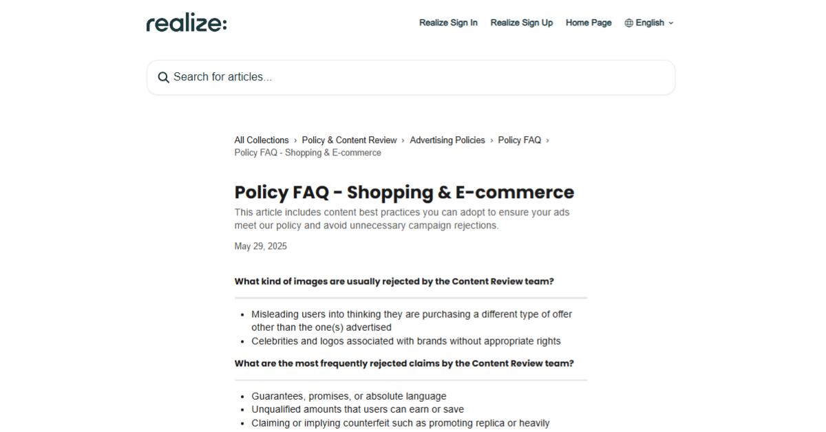 Realize help center Policy FAQ for Shopping and Ecommerce listing rejected image types and most frequently rejected ad claims