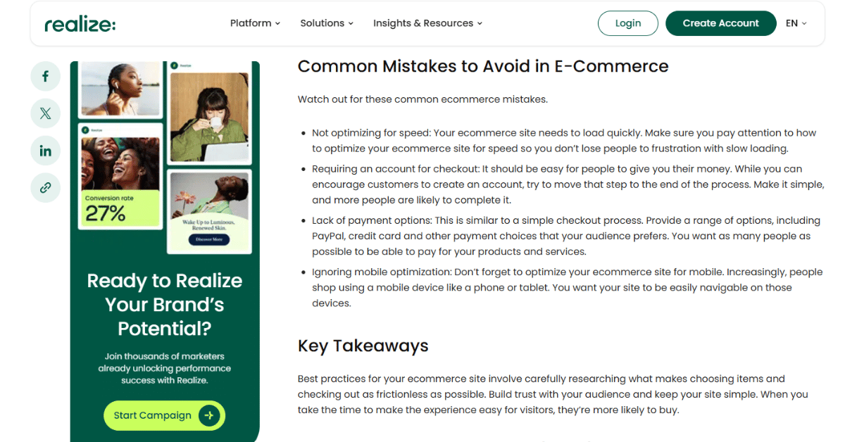 Realize blog article sidebar showing a stat highlight collage image above a green Start Campaign button and signup prompt