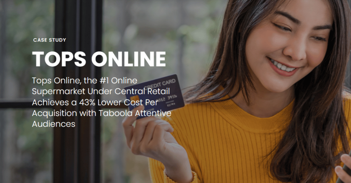 Taboola case study card labeled Tops Online, showing a smiling woman holding a credit card beside bold headline text.